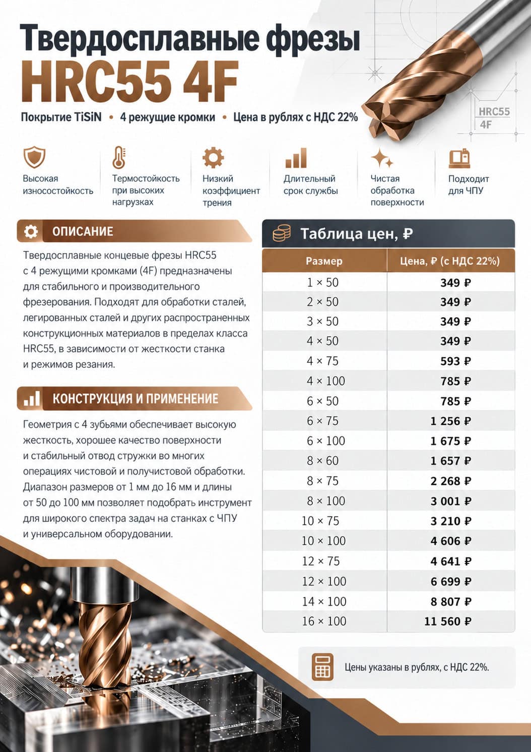 Купить вердосплавные фрезы HRC55 4F